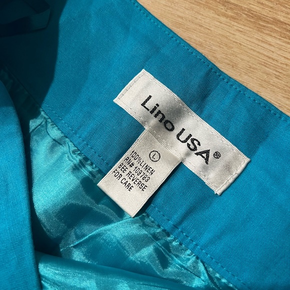 VINTAGE LINO USA Aqua Blue White Stripe Linen A Line Midi Skirt - Picture 3 of 3